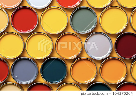 Many different colored tin cans with paint. House rennovation, design ideas, bright conceptual photo. High quality photo with copy space. AI generated 104370264