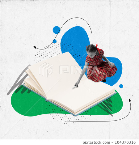 Charm little girl sitting near huge notebook with white paper sheets. Concept of back to school, happy childhood, education, studying 104370316