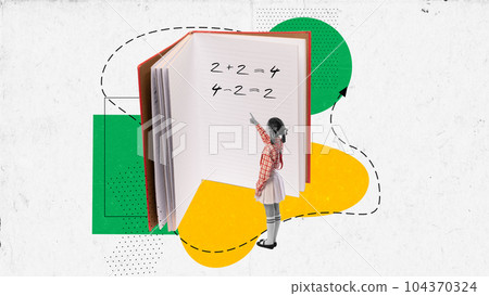 Contemporary art collage. Cute little girl standing in front of huge book. Concept of back to school, happy childhood, education, studying 104370324