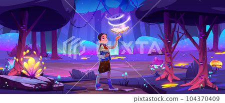 Teen girl looking at magic book flying in air 104370409