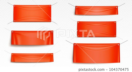 Blank red canvas banners hanging on ropes Blank red canvas banners hanging on ropes 104370475