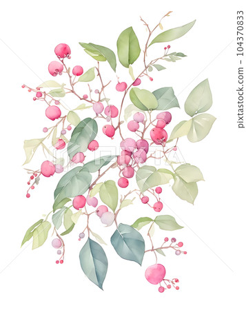 Branches of pink berries with green leaves,generative ai 104370833