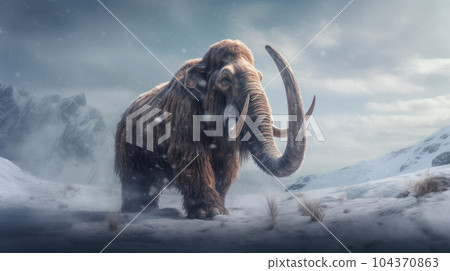 A mammoth standing with snowy mountains in the background. A mammoth standing with snowy mountains in the background. 104370863