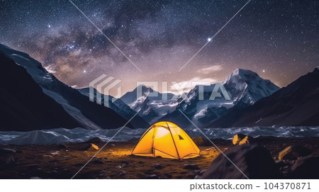 tent in the Everest mountains at night and the milky way landscape 104370871
