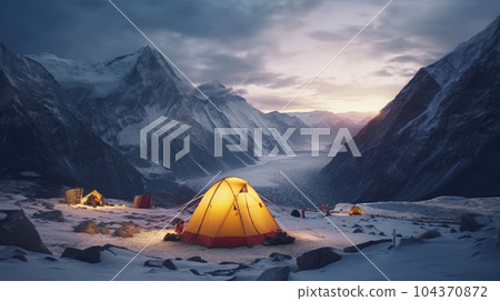 tent in the Everest mountains at sunset tent in the Everest mountains at sunset 104370872