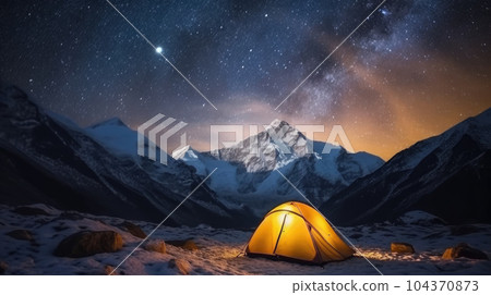 tent in the mountains at night and the milky way 104370873
