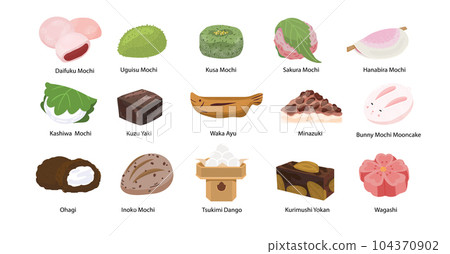 Set of japanese pasrty mochi, wagashi and traditional sweets. Vector illustration 104370902