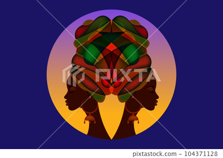 portrait beautiful woman. Shenbolen Ankara Headwrap Women African Traditional Headtie Scarf Turban. Kente head wraps African tribal batik fabric design. Vector round women diversity concept background 104371128