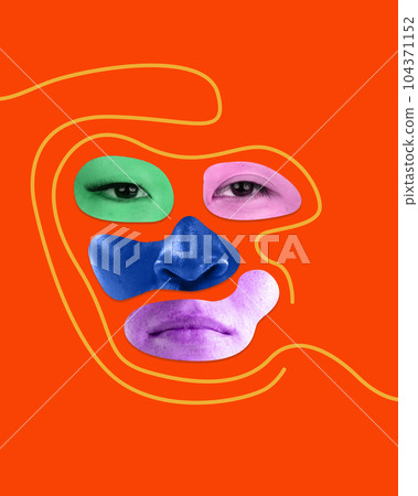 Sadness. Human face, facial expression made of diverse people face parts. Contemporary art collage. Sadness. Human face, facial expression made of diverse people face parts. Contemporary art collage. 104371152