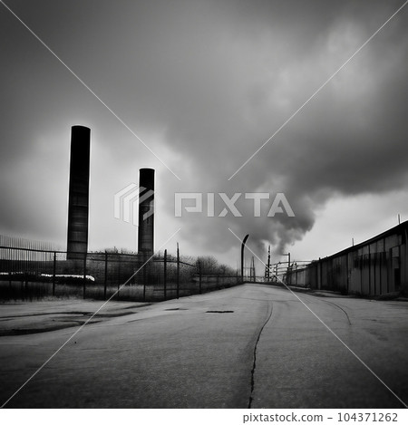 Generative AI illustration of industrial chemical plant disaster.  Generative AI illustration of industrial chemical plant disaster.  104371262