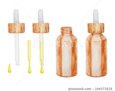 Watercolor illustration of brown glass bottle of serum, essential oil with pipette. Spa and bathroom accessories, elements for beauty salon and wellness center, cosmetology, massage and medicine Watercolor illustration of brown glass bottle of serum, essential oil with pipette. Spa and bathroom accessories, elements for beauty salon and wellness center, cosmetology, massage and medicine 104371628