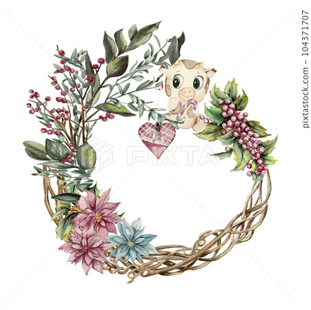 Winter wreath with watercolor dry branches, holly and red berries. Watercolor hand drawn illustration for invitations, greeting cards, prints, packaging and more. Merry christmas and happy new year. 104371707