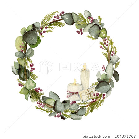 Winter wreath with watercolor dry branches, holly and red berries. Watercolor hand drawn illustration for invitations, greeting cards, prints, packaging and more. Merry christmas and happy new year. 104371708