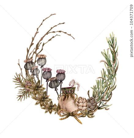 Winter wreath with watercolor dry branches, holly and red berries. Watercolor hand drawn illustration for invitations, greeting cards, prints, packaging and more. Merry christmas and happy new year. 104371709