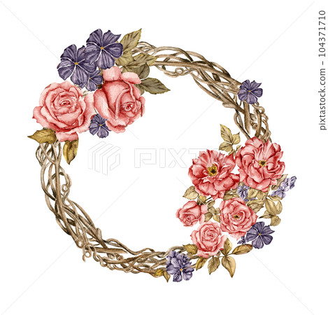 Winter wreath with watercolor dry branches, holly and red berries. Watercolor hand drawn illustration for invitations, greeting cards, prints, packaging and more. Merry christmas and happy new year. 104371710