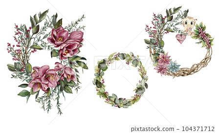 Winter wreath with watercolor dry branches, holly and red berries. Watercolor hand drawn illustration for invitations, greeting cards, prints, packaging and more. Merry christmas and happy new year. Winter wreath with watercolor dry branches, holly and red berries. Watercolor hand drawn illustration for invitations, greeting cards, prints, packaging and more. Merry christmas and happy new year. 104371712