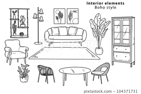 Scandinavian furniture Interior elements Boho style. Cozy home environment for the living room. Hand-drawn doodle style elements. Scandinavian furniture Interior elements Boho style. Cozy home environment for the living room. Hand-drawn doodle style elements. 104371731