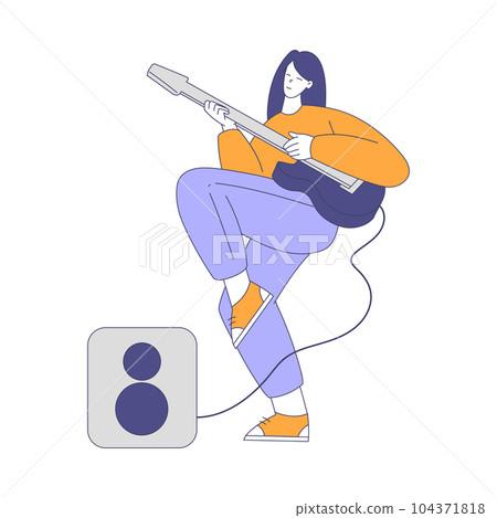 Smiling Woman Character Musician Performing Music Playing Electric Guitar Vector Illustration 104371818