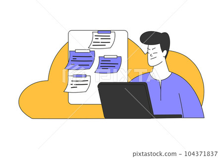 Young Man at Laptop Multitasking Accomplishing Task Having Deadline Vector Illustration Young Man at Laptop Multitasking Accomplishing Task Having Deadline Vector Illustration 104371837