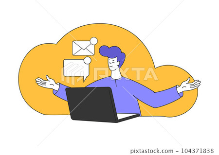 Teleworking with Young Man at Desk with Laptop Working from Home Vector Illustration 104371838