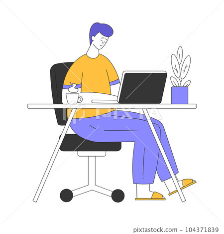 Teleworking with Young Man at Desk with Laptop Working from Home Vector Illustration Teleworking with Young Man at Desk with Laptop Working from Home Vector Illustration 104371839