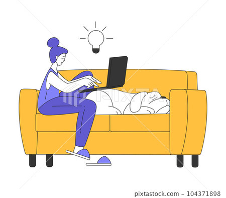 Teleworking with Young Woman Sitting on Sofa with Laptop Working from Home Vector Illustration 104371898