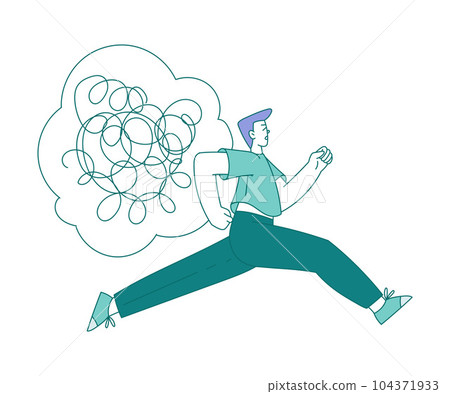 Man Running Away from Clutter or Tangled Skein Suffer from Psychic Illness Vector Illustration Man Running Away from Clutter or Tangled Skein Suffer from Psychic Illness Vector Illustration 104371933