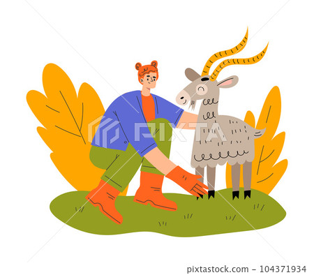 Happy Woman Farmer Character with Goat Animal Vector Illustration Happy Woman Farmer Character with Goat Animal Vector Illustration 104371934