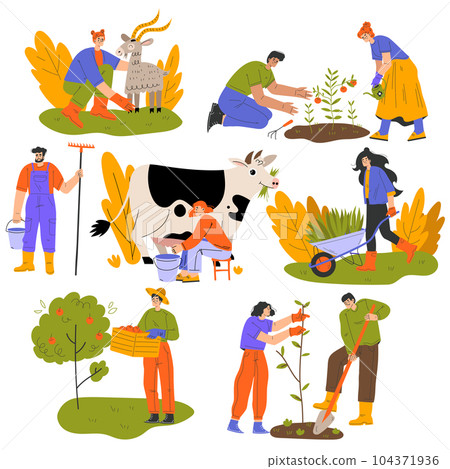 People Farmer Characters at Work Livestock Breeding and Plant Cultivation Vector Set People Farmer Characters at Work Livestock Breeding and Plant Cultivation Vector Set 104371936
