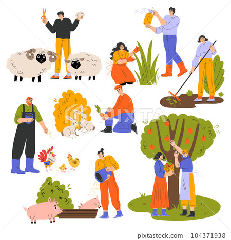 People Farmer Characters at Work Feeding Livestock and Harvesting Vector Set People Farmer Characters at Work Feeding Livestock and Harvesting Vector Set 104371938