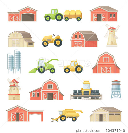 Rural Farm Building with Barn House and Harvest Machinery Big Vector Set Rural Farm Building with Barn House and Harvest Machinery Big Vector Set 104371940