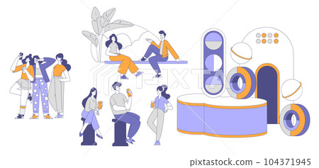 Young Man and Woman Sitting in the Park Talking and Listening to Music Vector Set 104371945