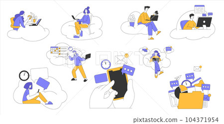 Young People Characters Working at Laptop Sitting on Clouds in the Sky Vector Set Young People Characters Working at Laptop Sitting on Clouds in the Sky Vector Set 104371954
