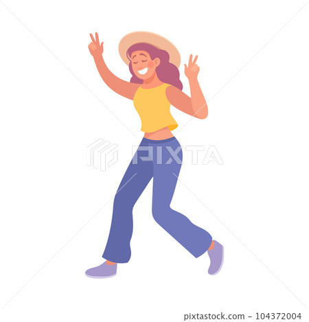 Young Woman Dancing to Music Moving Body Vector Illustration 104372004