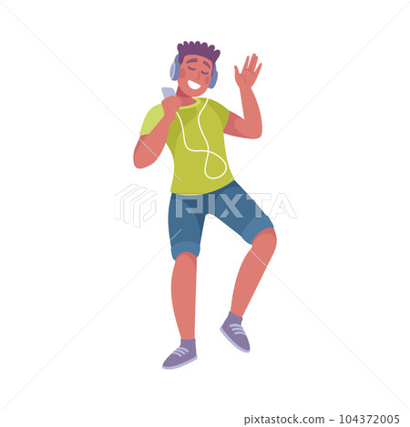 Young Man with Headphones Dancing to Music Moving Body Vector Illustration Young Man with Headphones Dancing to Music Moving Body Vector Illustration 104372005