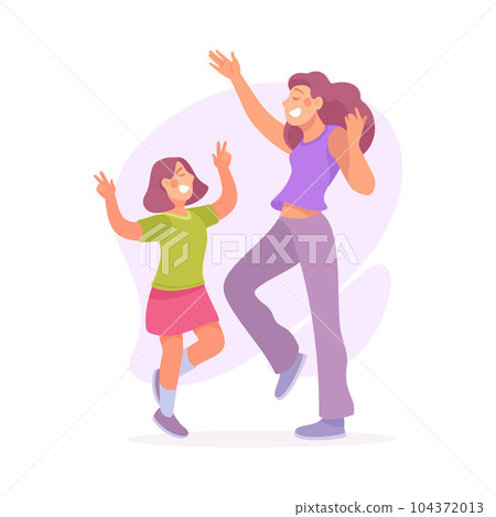 Young Mom with Daughter Dancing to Music Moving Body Vector Illustration 104372013