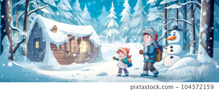 snowman in winter landscape, children enjoy Christmas holidays, banner made with Generative AI snowman in winter landscape, children enjoy Christmas holidays, banner made with Generative AI 104372159