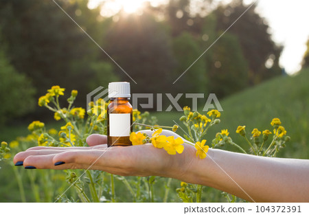 Small ampoule with herbal extract on hand, herbal medicine. 104372391