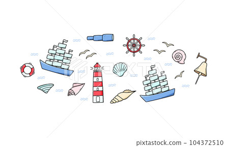 Sea set of elements, icons of sea life. Ship telescope shells, lifebuoy anchor steering wheel bull, lighthouse and seagulls. Vector illustration, symbols of sailors or pirates. 104372510