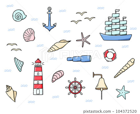 Sea set of elements, icons of sea life. Ship telescope shells, lifebuoy anchor steering wheel bull, lighthouse and seagulls. Vector illustration, symbols of sailors or pirates. 104372520