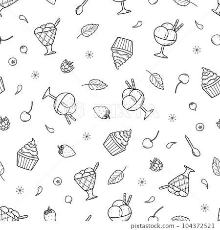 Ice cream set in creamers and baskets and summer berries. Seamless pattern of summer dessert doodle style. Wallpaper background vector illustration. 104372521
