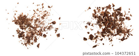 grated chocolate isolated on white background. Top view 104372651