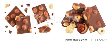 Chocolate with hazelnuts isolated on white background with full depth of field. Top view. Flat lay Chocolate with hazelnuts isolated on white background with full depth of field. Top view. Flat lay 104372656