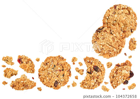 Granola cookie isolated on white background with full depth of field. Top view with copy space for your text. Flat lay. Granola cookie isolated on white background with full depth of field. Top view with copy space for your text. Flat lay. 104372658