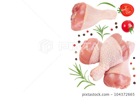 Raw chicken leg or drumstick isolated on white background with full depth of field. Top view with copy space for your text. Flat lay Raw chicken leg or drumstick isolated on white background with full depth of field. Top view with copy space for your text. Flat lay 104372665