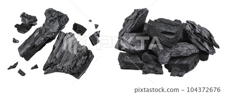 Natural wooden charcoal isolated on white background with full depth of field. Top view. Flat lay 104372676