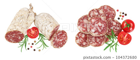 Cured salami sausage slices isolated on white background. Italian cuisine with full depth of field. Top view. Flat lay. 104372680
