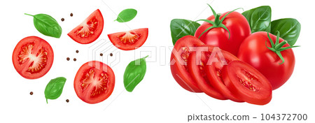 Tomato slices with basil and peppercorns isolated on white background. Full depth of field. Top view. Flat lay 104372700