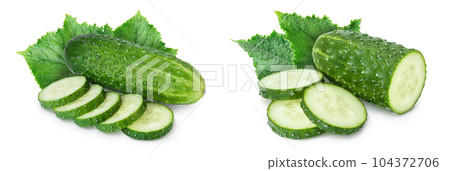 Sliced cucumber isolated on white background with full depth of field, 104372706