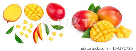 Mango fruit half with slices isolated on white background. Set or collection. Top view. Flat lay 104372720